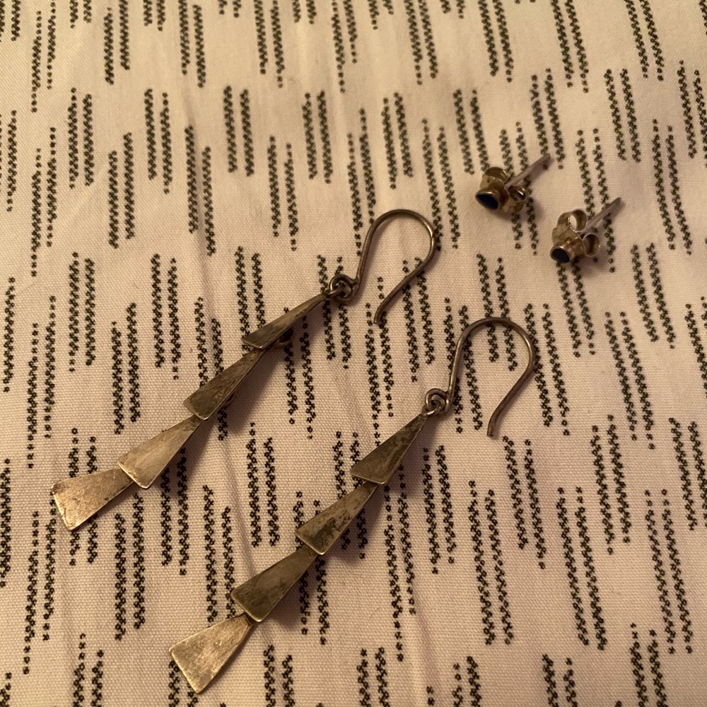 Burnished silver dangles and Lapis stud set